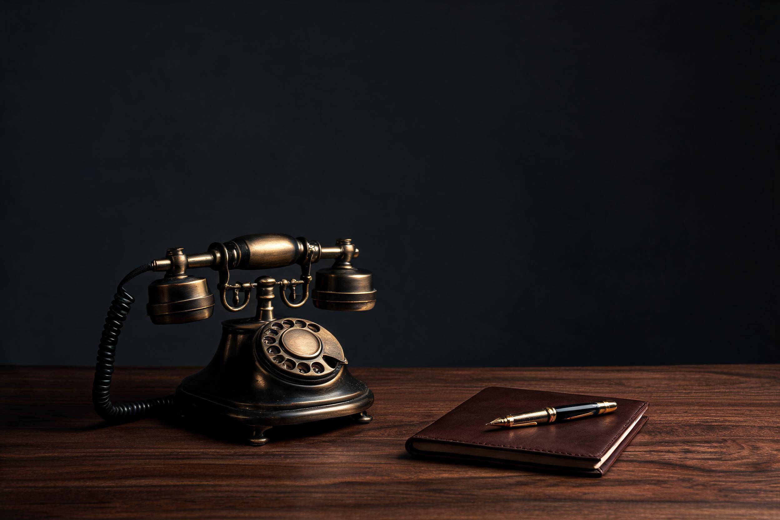 상담 데스크의 클래식 전화기와 가죽 노트